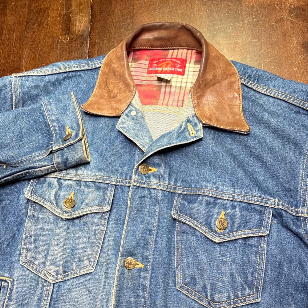 Marlboro Denim Jacket Mens S Blue Leather Collar Flannel Lined MCS 240